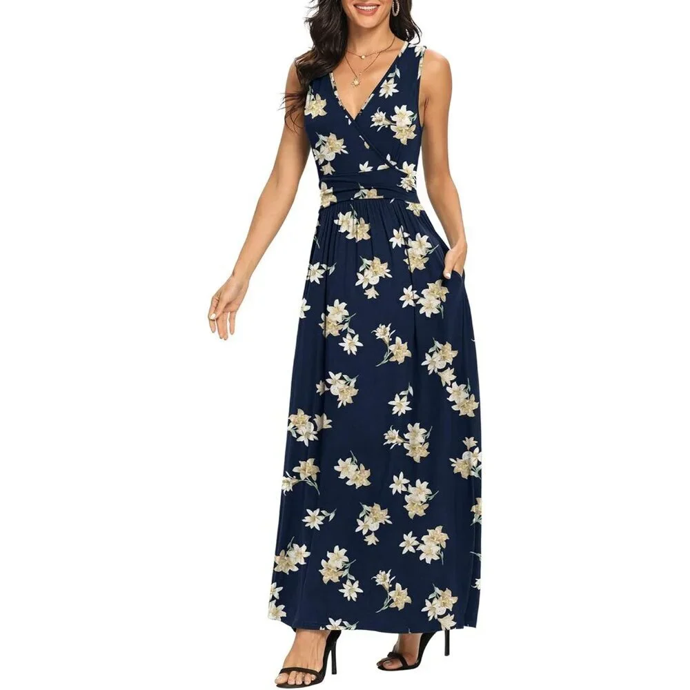 Women Blue Lily Deep V Neck Sleeveless Loose Plain Long Maxi Stretchy Dress - Picture 3 of 4